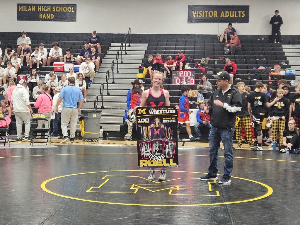 Today on Senior "Night" Kayla Roell secured career win #100, adding to her legacy as Milan’s first female state champion and now first female to hit the 100-win mark. Proud is an understatement. Congratulations, Kayla! 🖤💛