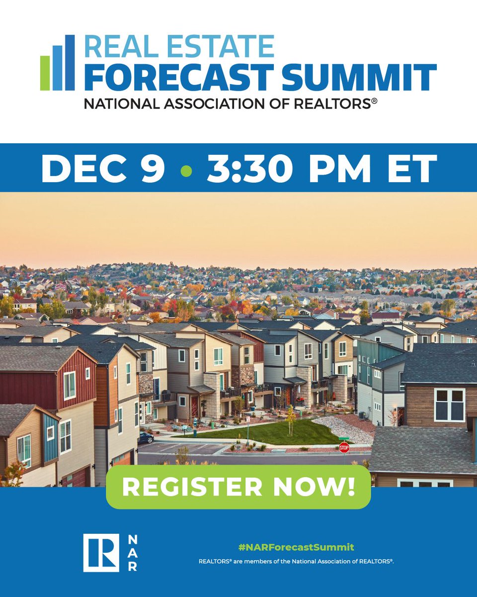 NAR_Research's tweet image. This Tuesday (12/9) from 3:30–5:00 p.m. ET, NAR will hold a virtual economic and real estate summit that will provide a year-end review and a forecast on the economy and housing for 2026. #NARForecastSummit
nar.realtor/events/nar-rea…