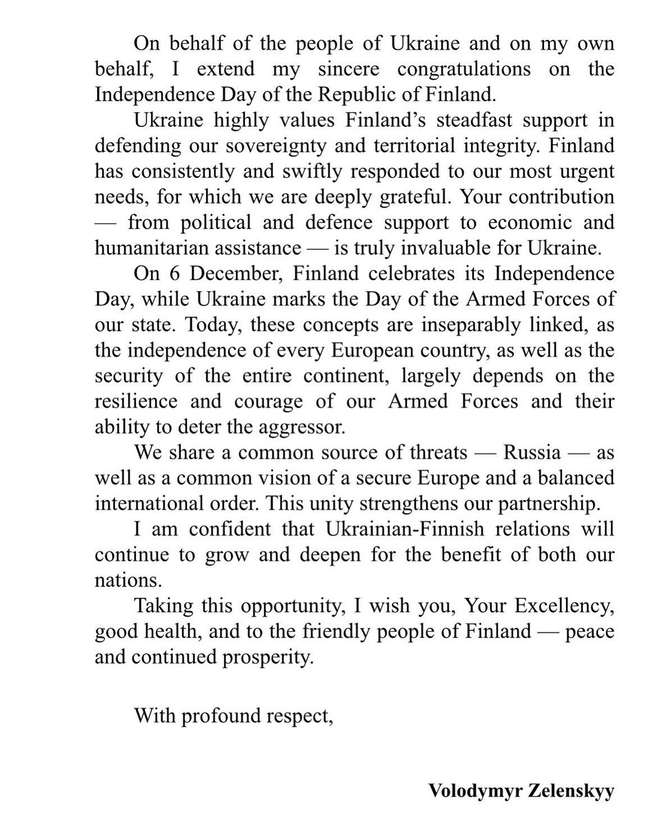 Thank you President <a href="/ZelenskyyUa/">Volodymyr Zelenskyy / Володимир Зеленський</a> for your call and congratulations on Finland’s Independence Day. 

We Finns understand what you and the heroic people of Ukraine are going through. We will continue to support you for as long as it takes. 

Slava Ukraini!