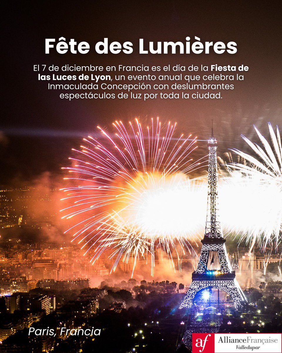 #CulturízateConAFV 
✨ Dato curioso:
Cada diciembre, Lyon se ilumina con la famosa Fête des Lumières, una tradición que nació en 1852 cuando los habitantes colocaron velas en sus ventanas para honrar a la Virgen María.