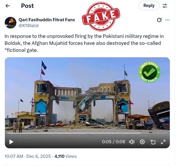 FactCheckerMoIB's tweet photo. 🔎 Fact Check | Ministry of Information & Broadcasting

Title: Did the Afghan Taliban destroy the Pakistan-side border gate at Chaman?

🟠 Claim (spread by Afghan pro-Taliban accounts & Indian social media):

A video circulating online claims that Afghan Taliban fighters destroyed the Friendship Gate at the Chaman Border on the Pakistan side and also blew up Pakistani trucks. Afghan propaganda accounts and Indian platforms are presenting the footage as “evidence” of Taliban success.

✅ Reality / Official Counter-Facts

🔶 The video is artificially generated,  not real footage
Independent visual analysis shows the clip is AI-generated, not authentic. Multiple elements inside the video expose it as fabricated propaganda.

🔶 Turkey’s flag appears in the video — Pakistan does not share a border with Turkey
◼ A clear Turkish flag is visible in the footage.
◼ Pakistan and Turkey do not share any land border, making the scene geographically impossible.
◼ If the video was real, why is there no Afghan flag anywhere on the alleged Afghan side?

🔶 The “Pakistani flag” is incorrect and shown mounted above the Turkish flag

◼ The flag shown as “Pakistan’s flag” has wrong dimensions and shading.
◼ Even more absurd, it appears mounted above the Turkish flag, which makes no geopolitical sense and exposes the video generator’s lack of knowledge.

🔶 A third flag appears from a 19th century African kingdom

◼ On the right side of the video is a red flag with a large white circle.
◼ Historically, this was the flag of the Yeke Kingdom in the 19th century, a region now part of the Democratic Republic of Congo.
◼ Accepting this as real would mean believing Pakistan shares a border with Congo, proving the video is fabricated.

🔶 The truck flag glitch exposes AI generation

◼ The truck displays a “Pakistani flag,” but at the 2-second mark, the flag vanishes or melts into the frame, a common AI rendering error.
◼ No real camera footage behaves this way.

🔶 The video is Taliban–aligned AI propaganda to conceal their failures

◼ The clip appears designed to boost morale after Taliban losses and Pakistan’s firm response at the border.
◼ Afghan pro-Taliban pages frequently rely on AI content to create false narratives of “victory.”
◼ Even Indian social media amplified the video uncritically, ignoring the blatant visual errors.

📊 Verdict

◼ The circulating footage is not from Chaman, not real, and not filmed in Pakistan.
◼ It is an AI-generated propaganda video created by pro-Taliban accounts and amplified by Indian networks.
◼ No gate on the Pakistan side of Chaman has been destroyed.
◼ Pakistan responded firmly and effectively to recent Afghan aggression — facts the propaganda attempts to hide.
◼ As per reliable information from official channels, Afghan Taliban have suffered heavy casualties of men, material and equipment while there has been no loss on Pakistan's side. 

📢 Advisory

◼ Avoid sharing unverified videos from propaganda sources.
◼ AI-generated content is increasingly used by hostile networks to mislead viewers.
◼ Always verify through official Pakistani authorities and credible sources before accepting border-related claims.