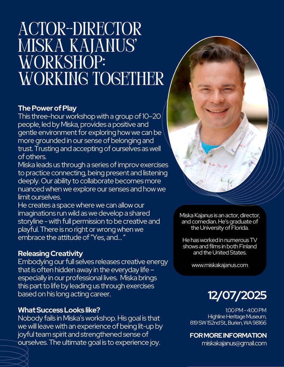 miskakajanus's tweet image. Welcome to my free improv workshop in Seattle on Sunday!

With Finlandia Foundation Seattle Chapter
and @kristiinahiukka!

#finlandiafoundationnational