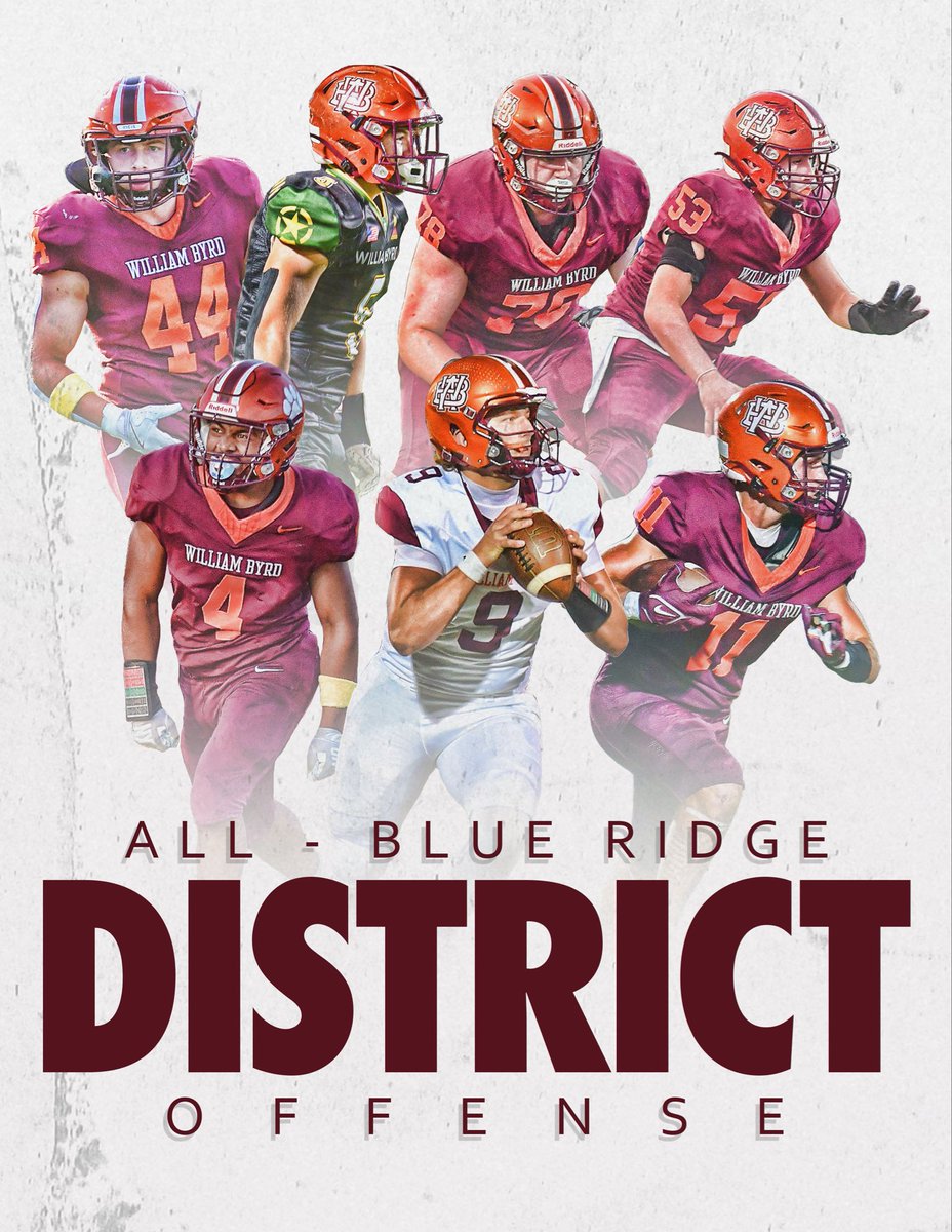 Congratulations to the following offensive players for earning All-Blue Ridge District
C: Nicholas Toney - JR
OL: Caleb Wrye - SOPH
TE: Thomas Purcell - JR
QB: Cannin Lutz - SR
RB: Jamez Toler - SR
RB: Gray Matthews - SOPH
WR: Tate Kotz - SR
AP: Gray Matthews - SOPH