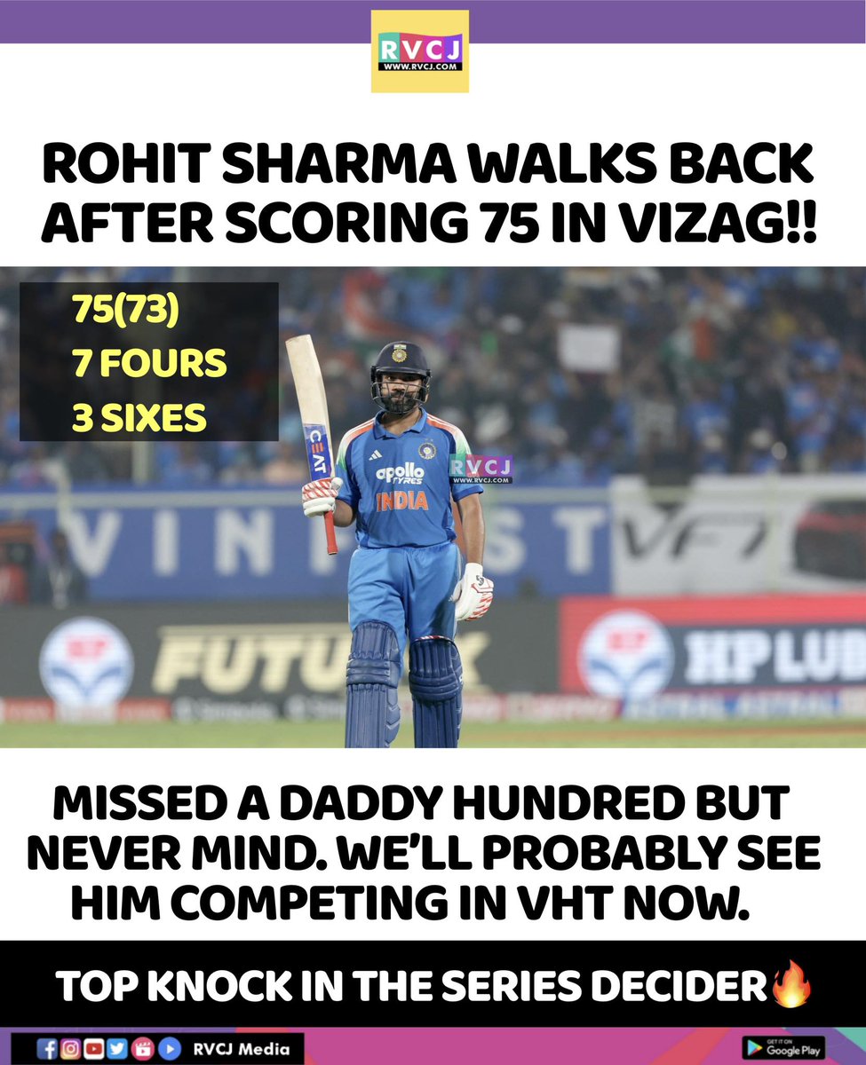 RVCJ_Sports's tweet photo. A classy 75 in Vizag! Clean shots, calm intent, and pure elegance from the Hitman once again ๐ฅ๐๐
#RohitSharma #Hitman #TeamIndia #CricketLove #ODI #MatchDay #TopKnock #CricketFans #InForm #CricketLife #SeriesDecider #GameOn https://t.co/u234XDQIp3