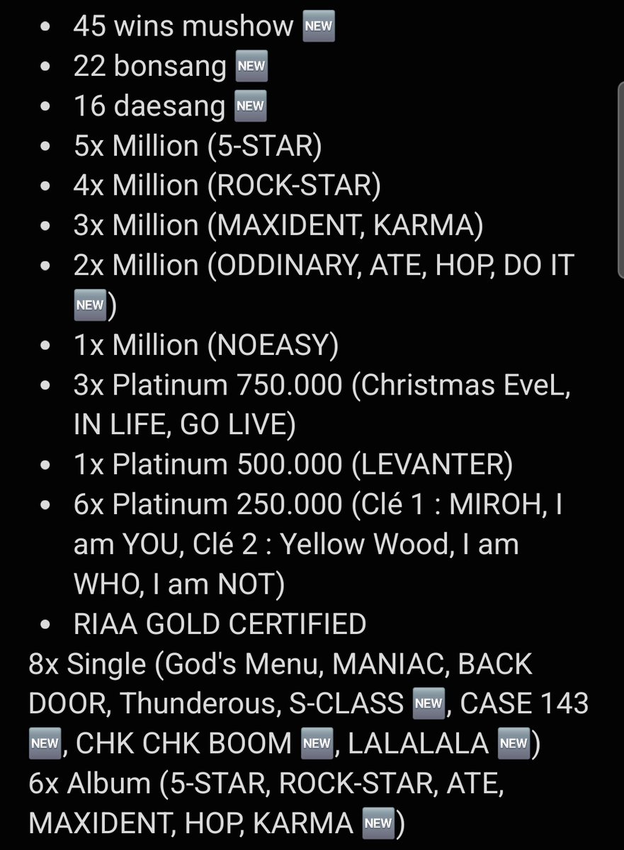 nidstay's tweet photo. Update daftar prestasi @Stray_Kids per 6 Desember 2025

● 2 WIN MUSHOW (DOUBLE CROWN SHOWCHAMP - DO IT)
● Rock in Rio 2026 headliner (first K-Pop act to perform at Rock in Rio)
● RIAA GOLD CERTIFIED SINGLE (+4)
    • S-CLASS 
    • CASE 143
    • CHK CHK BOOM 
    • LALALALA 
● RIAA GOLD CERTIFIED ALBUM (+1)
    • KARMA
● RIAA PLATINUM CERTIFIED SINGLE
    • GOD'S MENU
● 2025 MAMA AWARDS
    • ALBUM OF THE YEAR - KARMA (DAESANG) 
    • FANS' CHOICE MALE Top 10 (Bonsang)
● BILLBOARD TOP200 #1 - DO IT
● BILLBOARD HOT100 #68 - DO IT
● 2025 AAA
    • Grand Prize Album of the year - KARMA (Daesang)
    • Grand Prize Artist of the year (Daesang)
    • Best K-Pop Record Award
    • Best Artist Award (Bonsang)
    • Best Producer Award - 3RACHA
    • Best Choice Award - Hyunjin
    • Popularity Award (Male Group)
    • Grand Presence of K-Pop Award - Felix

----------------
45 win mushow (+2)
16 Daesang (+3)🔥
22 Bonsang (+2)
RIAA Gold Certified Single (+4)🔥
RIAA Gold Certified Album (+1)
RIAA Platinum Certified Single (+1)