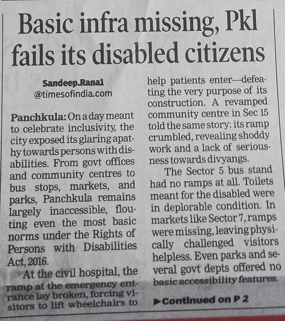 SethiRuchikaT's tweet photo. Disability Commissioner Haryana, @HaryanaRpwd kindly look into this situation in Panchkula - basic infra for #PWD missing despite enactment of #RPWDAct2016. Inclusive design and its maintenance is key for buildings & public spaces to aid even seniors & all wheelchair users! 

Inclusive design should have been a priority! Why the gap between policy & execution? Please see the condition of civil hospital as mentioned in the report ! Please also issue advisory to Deputy Commissioners of other Haryana cities -#Gurugram #Faridabad #Panipat #Manesar #rohtak and others  to ensure public parks, markets, bus stands , hospitals , public health centres etc are accessible to wheelchair users. If possible conduct a reconnaissance.

#AccessibilityMatters #InclusiveDesign #DisabilityRights #RPWD #DisabilityCommussionerHRY

@NayabSainiBJP @MSJEGOI @Office_of_CCPD @socialpwds @ndfdcindia @Umangharyana @DiprHaryana 

Thanks for the reality check 🚨 @SandeepRanaChd @TOIChandigarh @mohitgupta1962 @Solutionboxpkl