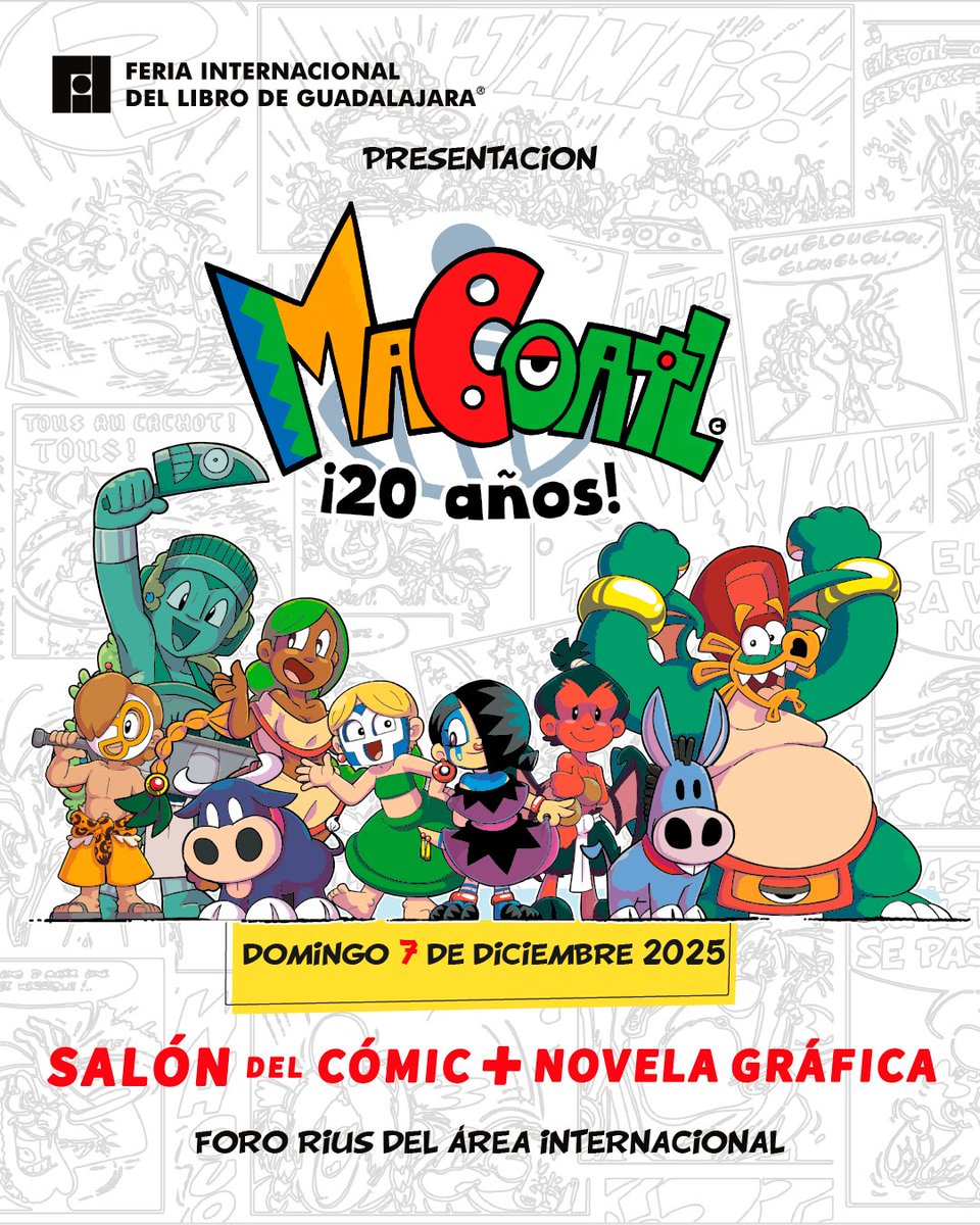 Mañana domingo de 3:30 a 4:00, daré la presentación "20 años de Macoatl" en el Foro Rius en el salón del cómic y la novela gráfica de la FIL #FILGuadalajara ¡No falten!