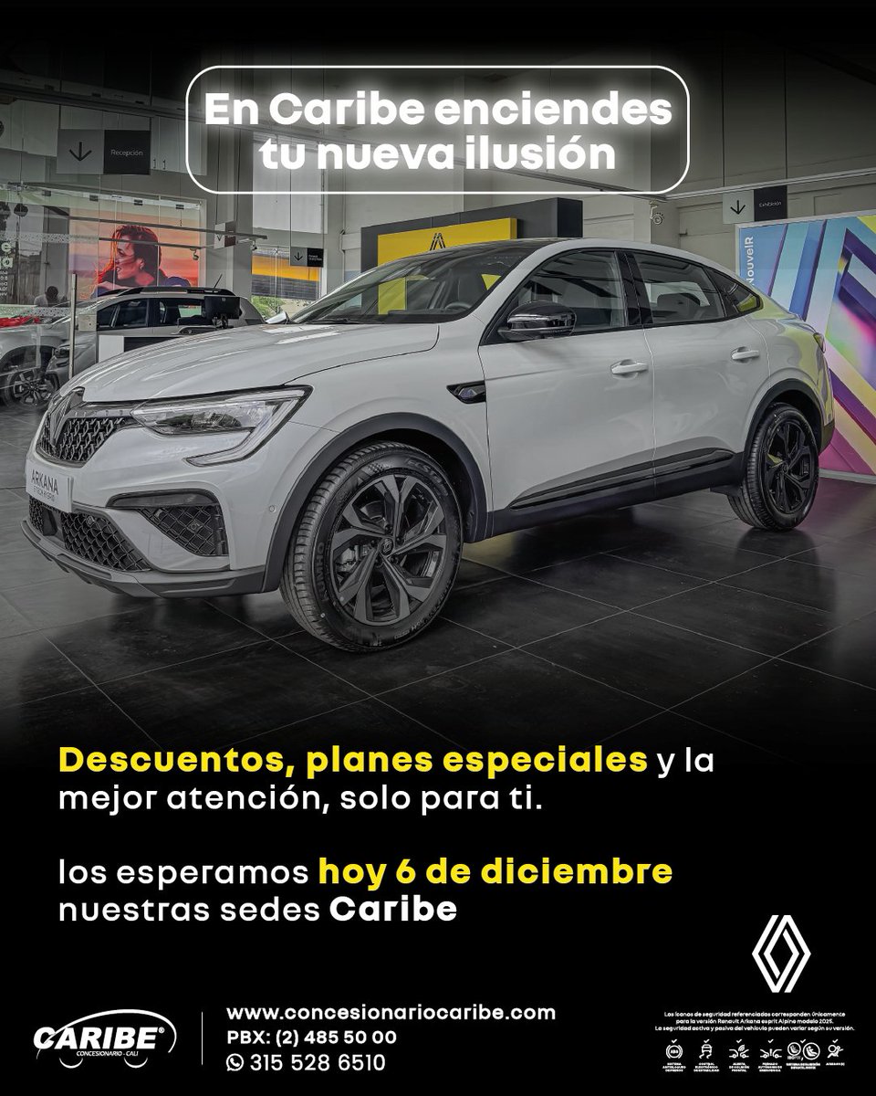 🔥✨ Hoy en Caribe, enciendes mucho más que una ilusión… ¡enciendes tu próximo Renault!

📍 Te esperamos en nuestras sedes Caribe Renault.

WhatsApp: 315 5286510
Web: ow.ly/VMnd50FKgLK
PBX: 485 50 00

#RenaultCaribe #ViveTuRenault #PruebaDeRuta #RenaultCali #CALIESCALI