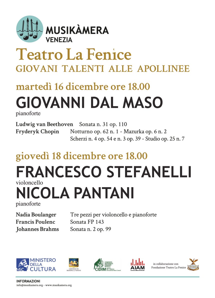 Musikamera_Ve's tweet photo. Giovani talenti alle Sale Apollinee il 16 e il 18 dicembre alle 18.00 - https://t.co/4tJxBDskof https://t.co/7oLYXNtN3e