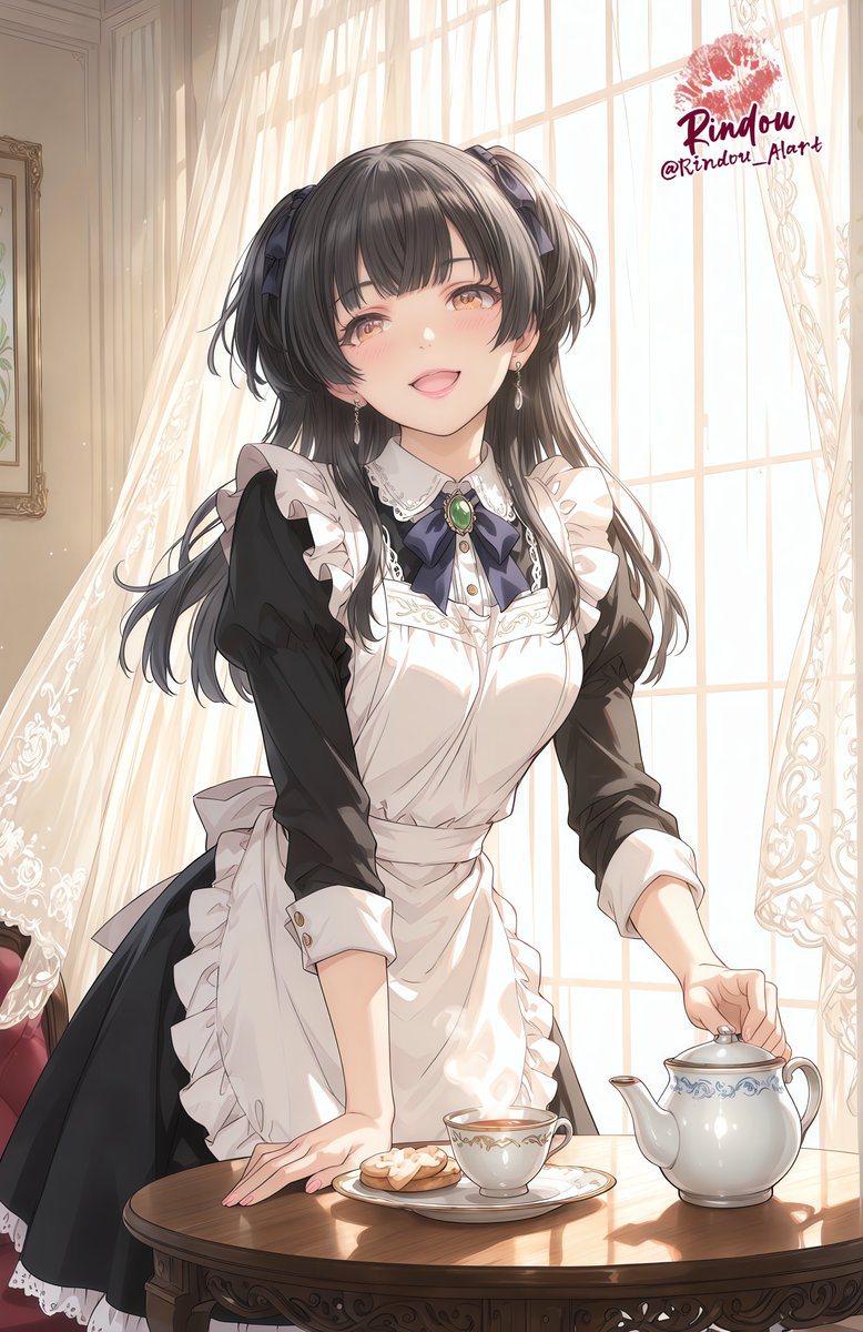 Rindou_AIart's tweet photo. #メイド曜

「午後のひとしずく」

黒姫がいる屋敷は、午後になると窓から柔らかな金色の光が差し込み、カーテンのレースを透かして、空気そのものがゆっくり甘くなる。

「お疲れさまです、旦那さま。
　今日もひと息つかれませんか？」

そう言って黒姫は、ほんの少しだけ身を屈める。
こちらの目線に���わせるその仕草は、まるで“会いに来てくれたご褒美”のようだ。

ティーポットから立ちのぼる湯気――
その柔らかな香りに包まれながら、黒姫は微笑む。

「ふふ……実は、新しい茶葉を試してみたんです。お口に合えば嬉しいのですが……」

視線をそっと外して、照れを隠すような横顔。
けれど次の瞬間、彼女はまたこちらに向き直る。

「…もしよかったら、この後少しだけ、お話してくださいますか？
あなたと過ごす時間、私……とても好きなんです。」

その声は囁くように、小さいのに胸に届く。
カップにそっと注がれた紅茶のしずくが、午後の空気と混ざり合う。

黒姫はただのメイドではなく――
屋敷に咲く一輪の黒百合。
傍に咲いているだけで、心をほどくような存在。

そして今日もまた、彼女はテーブル越しに、
優しい微笑みであなたの疲れをすくいあげてくれるのだった。