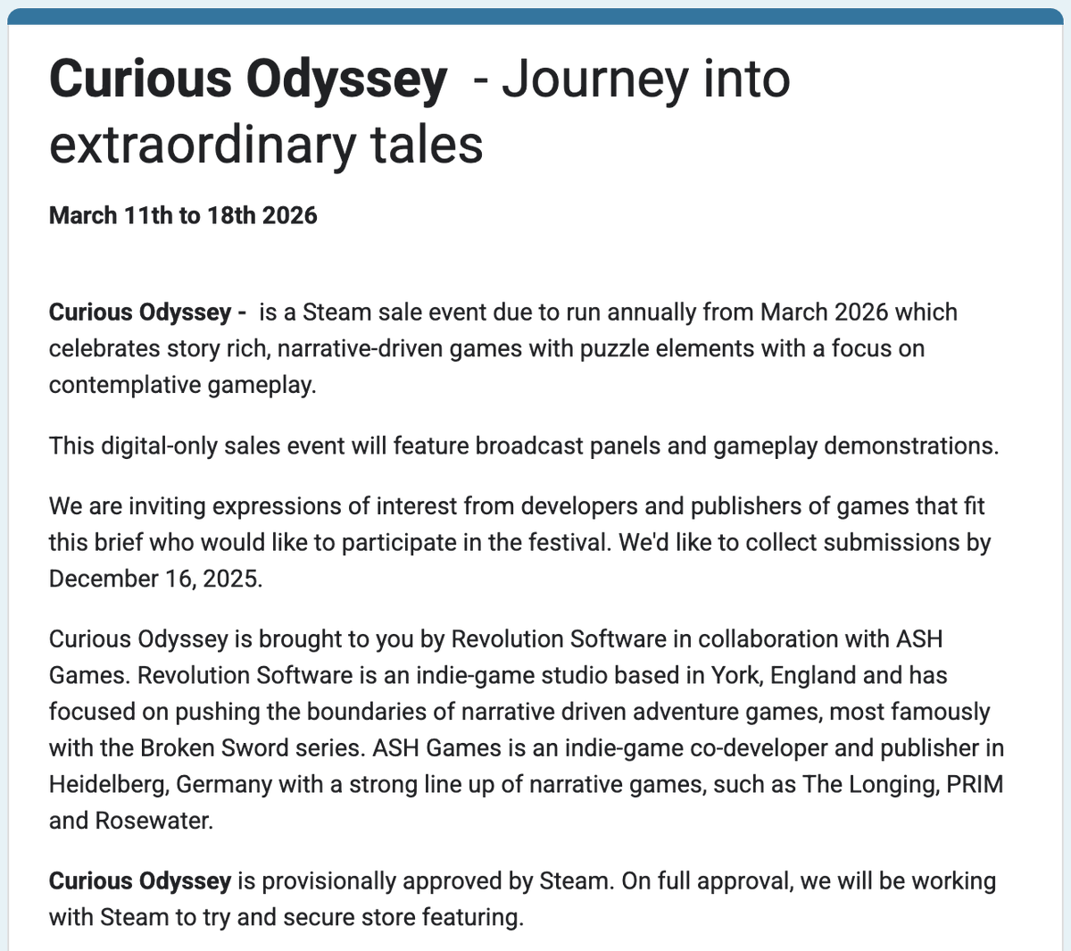 We’re helping to create "Curious Odyssey", a new Steam sale event from Revolution Software and ASH Games.
#indiedev #gamedesign #adventure #PointNClickFriday 

Fill out the form here: docs.google.com/forms/d/e/1FAI…