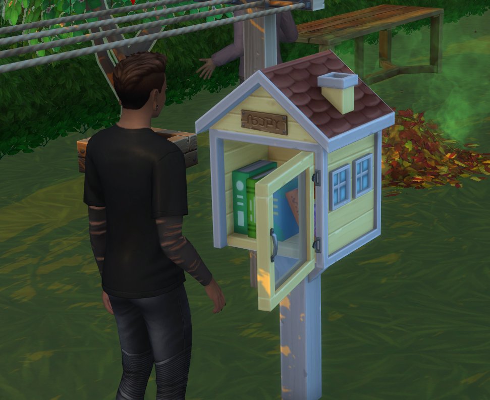 lunar_britney's tweet image. if you have the Deck the Palms event items unlocked, this new item that looks like the other mailbox is a new object with some new calls/moodlets. it should spawn walkbies to donate/read books to your lot (they even open the door with their hand, share to scare a simmer! SKSKS)2