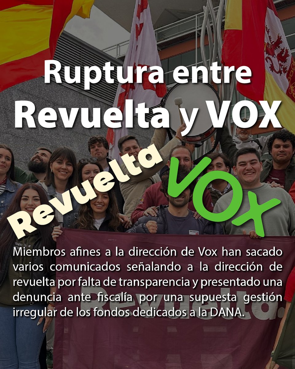 ✍️Investigación: Ruptura entre Vox y Revuelta. Desde neoliberales a fascistas.

- Miembros de la directiva de Revuelta  acusando a la dirección de gestión irregular de las donaciones de la DANA.
- Miembros de Vox y Revuelta cuentan con un pasado neonazi.
sistemapunk.com/antifascismo/r…