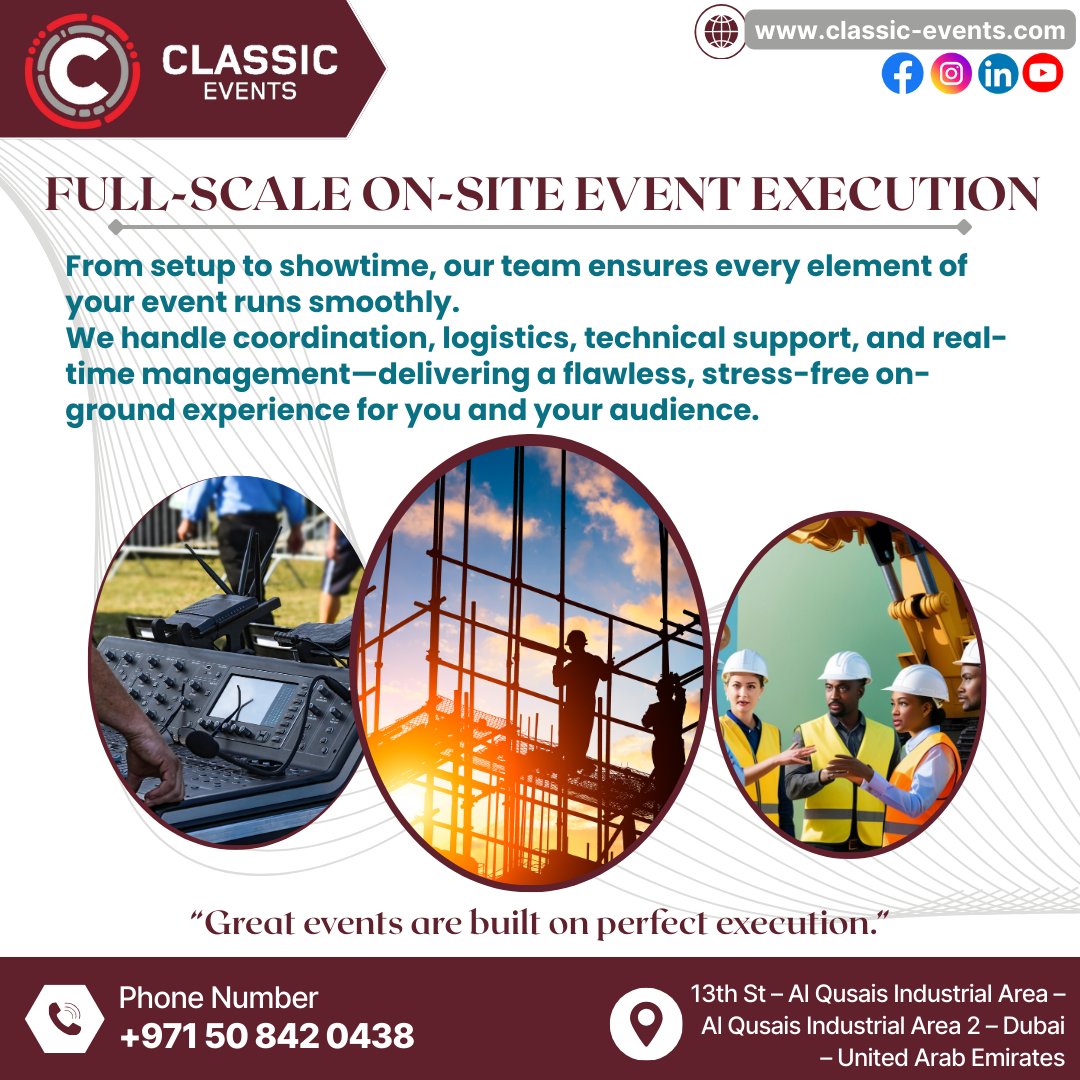 events_cla16902's tweet image. Full-scale on-site event execution ensures every detail, from setup to guest experience, runs smoothly. #EventManagement #OnSiteExecution #LiveEvents #CorporateEventsDubai #EventSolutions #EventTechnology #DubaiEvents #FlawlessExecution
+971 50 842 0438 classic-events.com