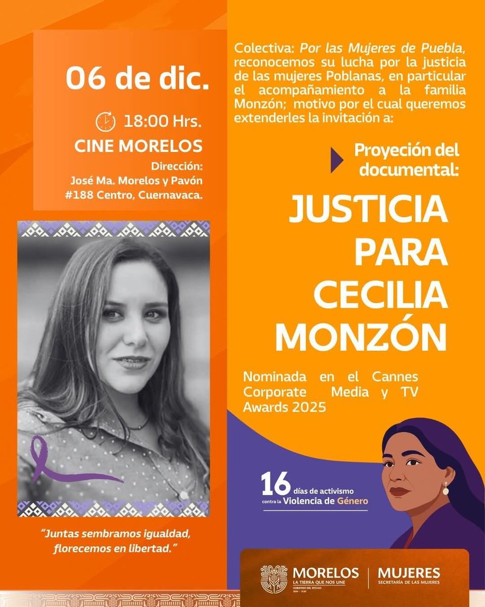 Hoy se proyecta el documental del feminicidio de #CeciliaMonzón en el estado de #Morelos

Vamos a seguir haciendo #Ruido

#JusticiaParaCeciliaMonzón
#JusticiaParaTodAs