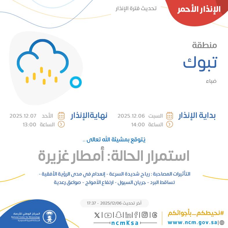 الإنذار الأحمر - #منطقة_تبوك - #ضباء  

للتفاصيل  ncm.gov.sa/ar/alert/pages… 

#الإنذار_المبكر #طقس_السعودية
#المركز_الوطني_للأرصاد