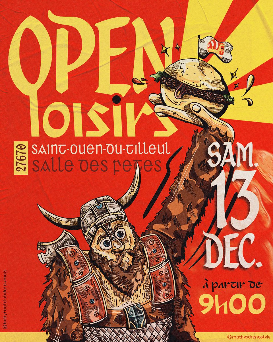 Mathysdrenostl's tweet photo. ⚽️ Open Loisirs ⚽️
Le Baby-Foot Club du Roumois organise un tournoi de baby-foot, avec en cas sur place ! 🍔
📍Salle des fêtes - 27670 Saint-Ouen-du-Tilleul
📅 Samedi 13 Décembre - 9H00
#babyfoot #saintouendutilleul #illustration #graphicdesign #affiche #event #artposter https://t.co/7q4yyBuf9E
