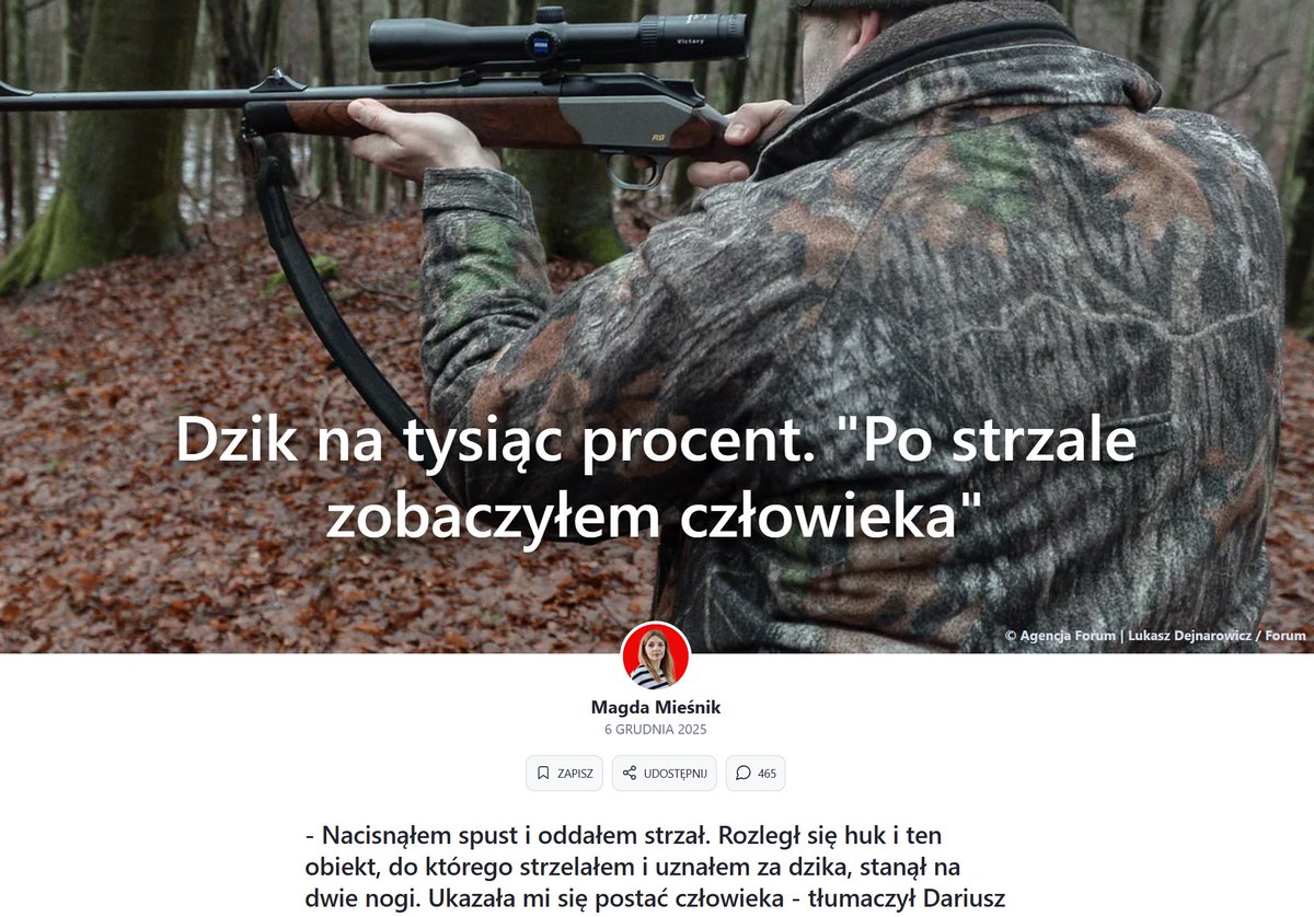 Myśliwy zabił 16-letniego chłopaka. Powinien nosić okulary, nie nosił. Ma zaburzenia psychiczne, problemy z agresją i alkoholem. Mimo to ma pozwolenie na 12 sztuk broni myśliwskiej. Sejm kolejny raz próbuje wprowadzić przepisy, ale lobby jest zbyt silne.
wiadomosci.wp.pl/dzik-na-tysiac…