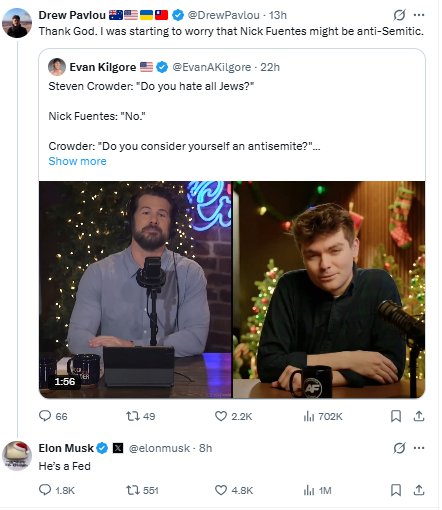 iontecs_pemf's tweet photo. @IanCarrollShow @NickJFuentes Elon came right out in black &amp; white yesterday &amp; said Nick is a 'Fed'.  

From now on if he ever challenged me again I would just share that screenshot in response.

Enough said. 
https://t.co/GikfXzSu9r https://t.co/M7vgOlJ8Xa