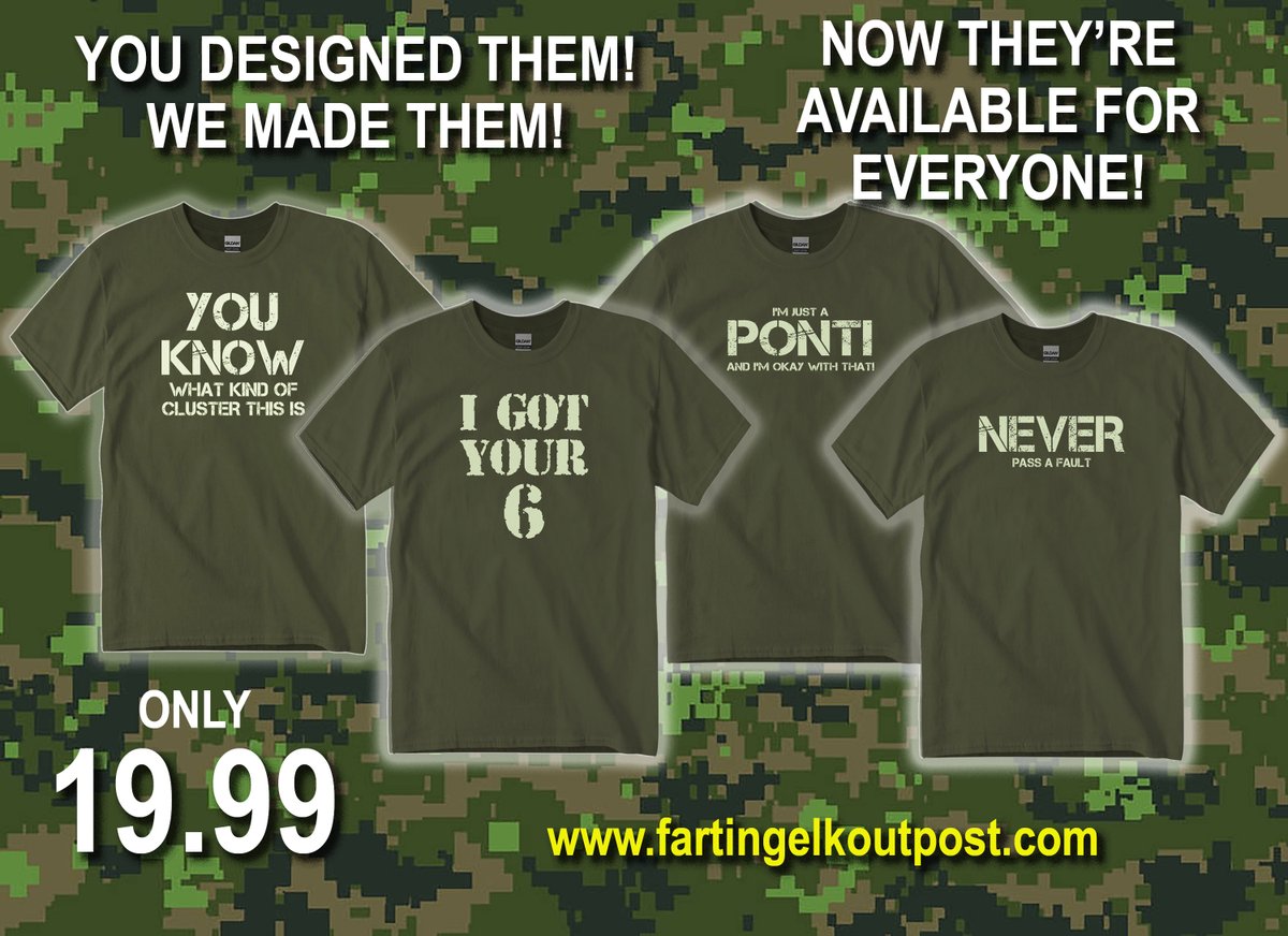 Always new and fun designs! Over 60 T-shirt designs to choose from. fartingelkoutpost.com <a href="/CanadianForces/">Canadian Armed Forces</a> <a href="/VeteransENG_CA/">Veterans Affairs CA</a> #Canadianmilitary #Igotyoursix #RCR <a href="/ReadyAyeReady/">Ready Aye Ready - Royal Canadian Navy #RCN</a>