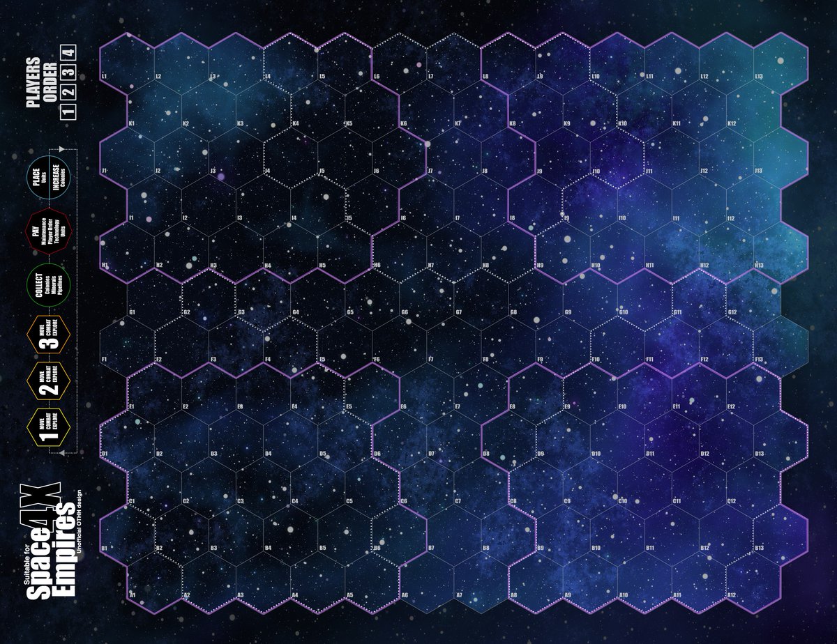 Diseño final para el mapa de Space Empires 4X. 

Semana que viene, prueba final de impresión en papel satinado de 225gr y publicación del archivo junto con la regla alternativa para el orden de jugadores y los agradecimientos correspondientes. 

A punto de caramelo. 🚀