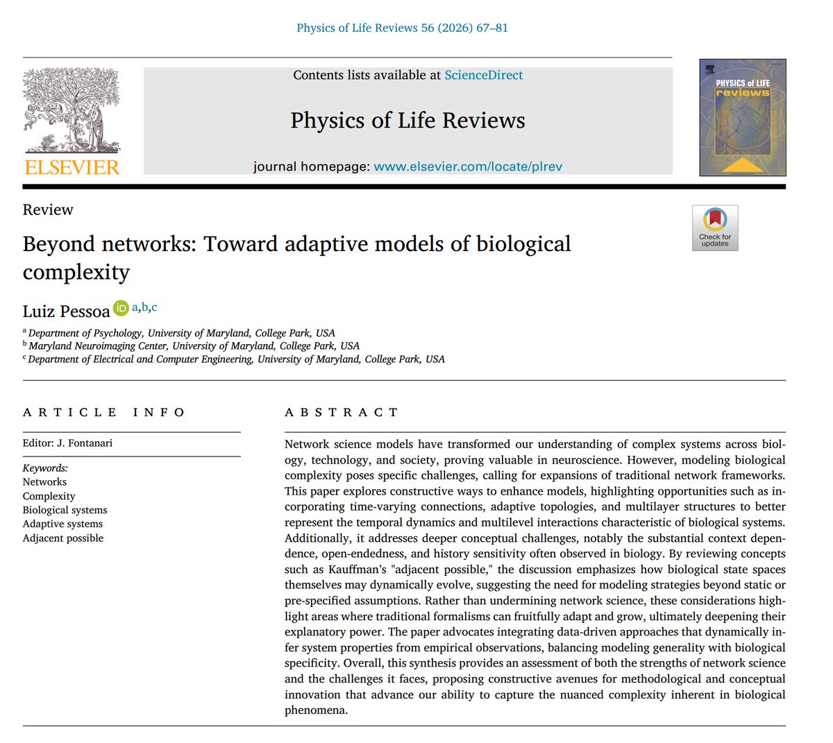 𝗕𝗲𝘆𝗼𝗻𝗱 𝗻𝗲𝘁𝘄𝗼𝗿𝗸𝘀: 𝗧𝗼𝘄𝗮𝗿𝗱 𝗮𝗱𝗮𝗽𝘁𝗶𝘃𝗲 𝗺𝗼𝗱𝗲𝗹𝘀 𝗼𝗳 𝗯𝗶𝗼𝗹𝗼𝗴𝗶𝗰𝗮𝗹 𝗰𝗼𝗺𝗽𝗹𝗲𝘅𝗶𝘁𝘆
Paper out discussing how more standard network models miss key points of brain complexity. And some more radical points at the end.
doi.org/10.1016/j.plre…