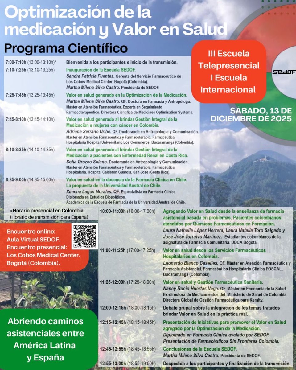 📣 Anunciamos la III Escuela SEDOF Telepresencial – I Escuela SEDOF Internacional (Colombia) sobre Optimización de la Medicación y Valor en Salud: Abriendo caminos asistenciales entre Latinoamérica y España.