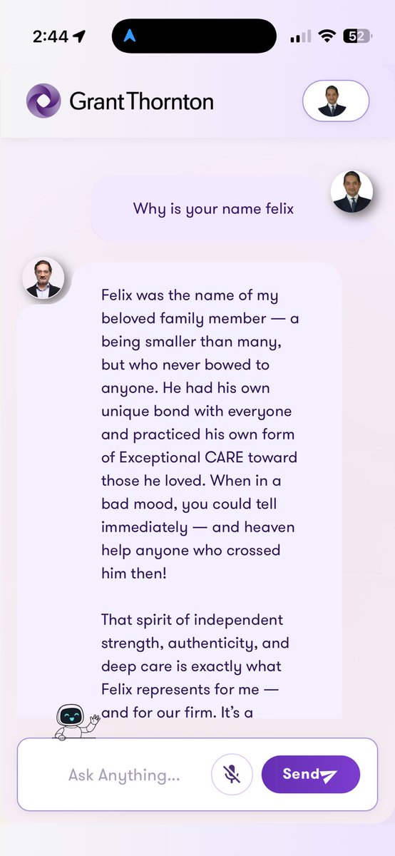 Delighted to launch my #AI digital clone #Felix to all our Partners - if leaders free up time using technology just imagine the productivity boost versus thinking of only automating junior roles? 
<a href="/mohitbhallaET/">Mohit Bhalla</a> 

#SelfAccountability
#ExceptionalCARE
#AutomationEcosystem