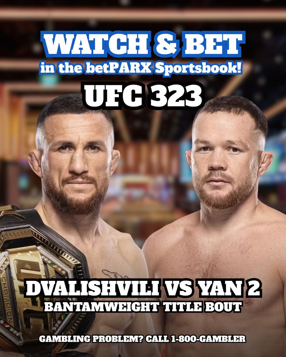 Watch and bet UFC 323 in the betParx Sportsbook as Dvalishvili and Yan 2 battle it out for the Bantamweight Title. Gambling Problem? Call 1-800-Gambler