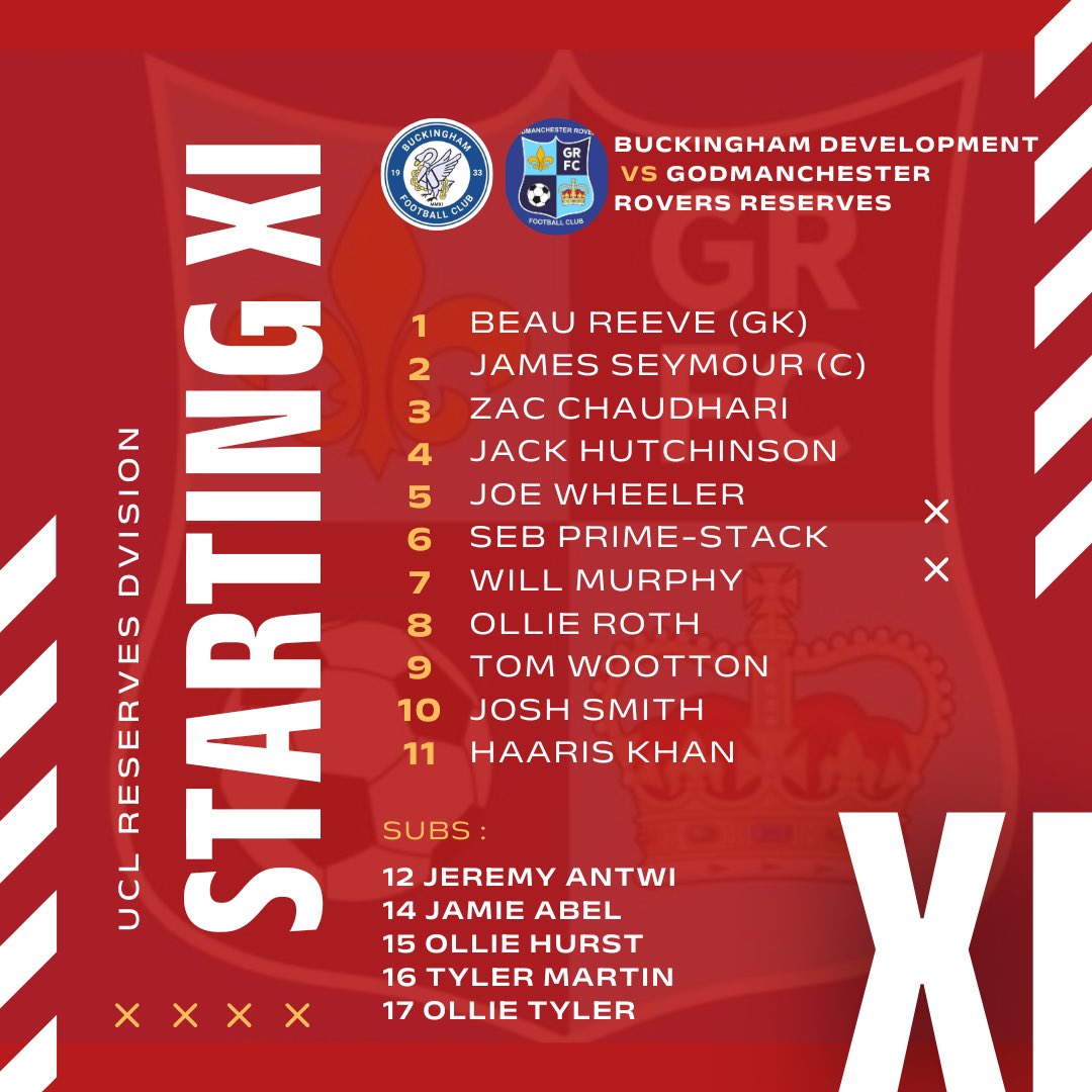 MATCHDAY! The starting XI vs <a href="/thebuckinghamfc/">Buckingham Football Club</a> Development. The boys are in red today, 3pm KO!