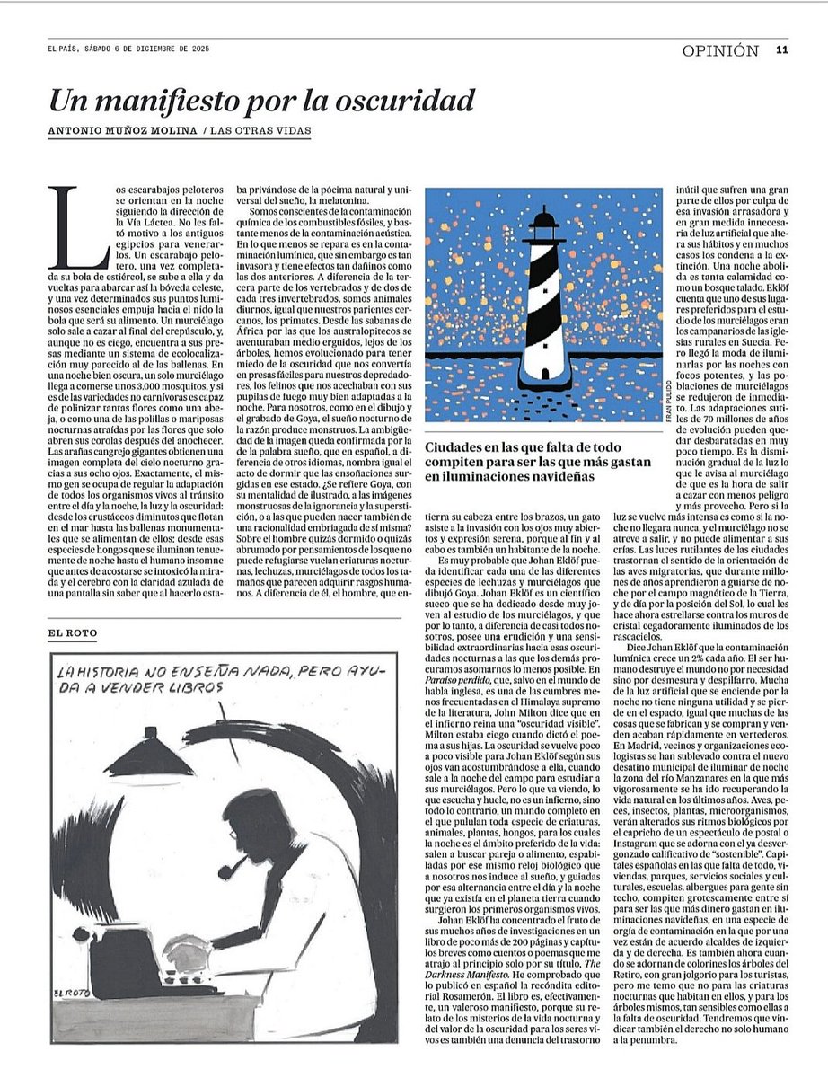'Un manifiesto por la oscuridad', imprescindible y lúcido alegato de Antonio Muñoz Molina contra la orgía de #contaminaciónlumínica que inunda nuestras ciudades, hoy en <a href="/el_pais/">EL PAÍS</a>.
#Lightpollution