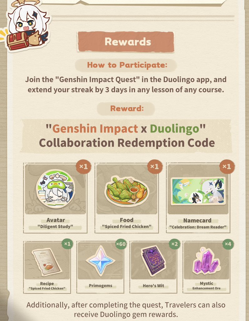 Genshin Impact x Duolingo Collaboration
⏰Dec 8 (12:00 am UTC) - Dec 27 (11:59 pm UTC) 
✨The code is valid only for America, Europe, Asia, and TW/HK/MO servers.
#GenshinImpact #原神 #원신