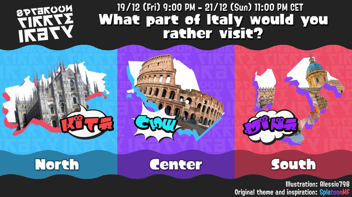 SplatoonMF's tweet photo. È stato annunciato il tema dello #Splatfest !

Quale parte dell'Italia preferiresti visitare? Il Nord, il Centro o il Sud?

Lo Splatfest si terrà dal 19 dicembre al 21 dicembre sul server di Splatoon Little Italy:
https://t.co/VFovRQLou1

#Splatoon https://t.co/QHHyO4Qv6V