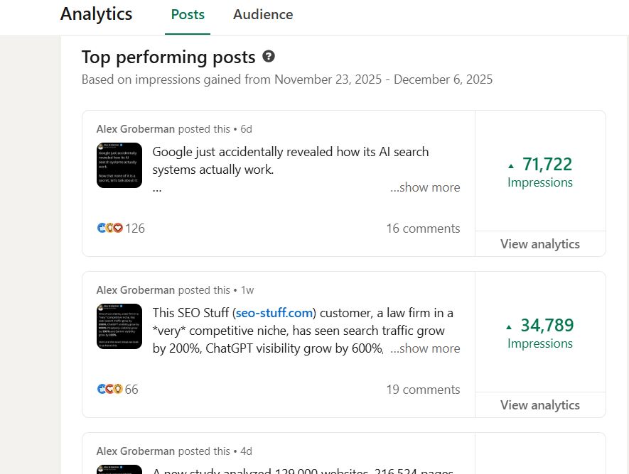 alexgroberman's tweet image. I created my LinkedIn account 52 weeks ago.

Since then I’ve added $120,000+ to my agency pipeline, built nearly 10,000 connections and logged 3.5 million impressions.

Use this system before LinkedIn tightens the algo and closes the loopholes again.

Mind you, LinkedIn continues…