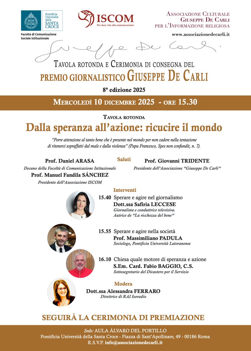 Non prendete impegni! 👇

Mercoledì 10 dicembre 2025
ore 15.30
<a href="/UniSantaCroce/">Pontificia Università della Santa Croce</a> 

#premiodecarli2025