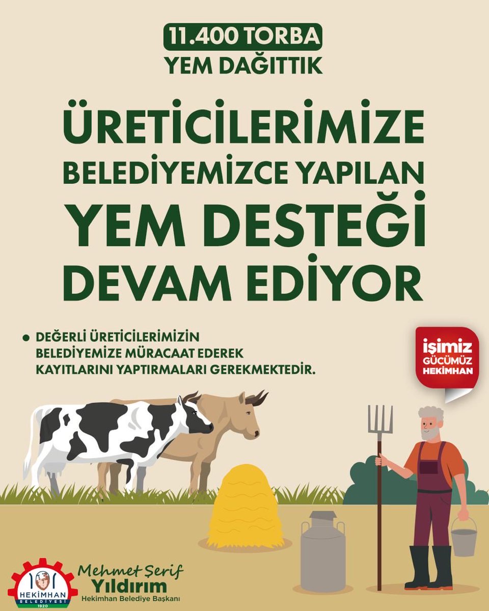 Üreticilerimize söz verdik sözümüzü tutuyoruz.
Yem desteğine bu yıl da devam ediyoruz.

DEĞERLİ ÜRETİCİLERİMİZİN BELEDİYEMİZE MÜRACAAT EDEREK KAYITLARINI YAPTIRMALARI GEREKMEKTEDİR.

#işimizgücümüzhekimhan