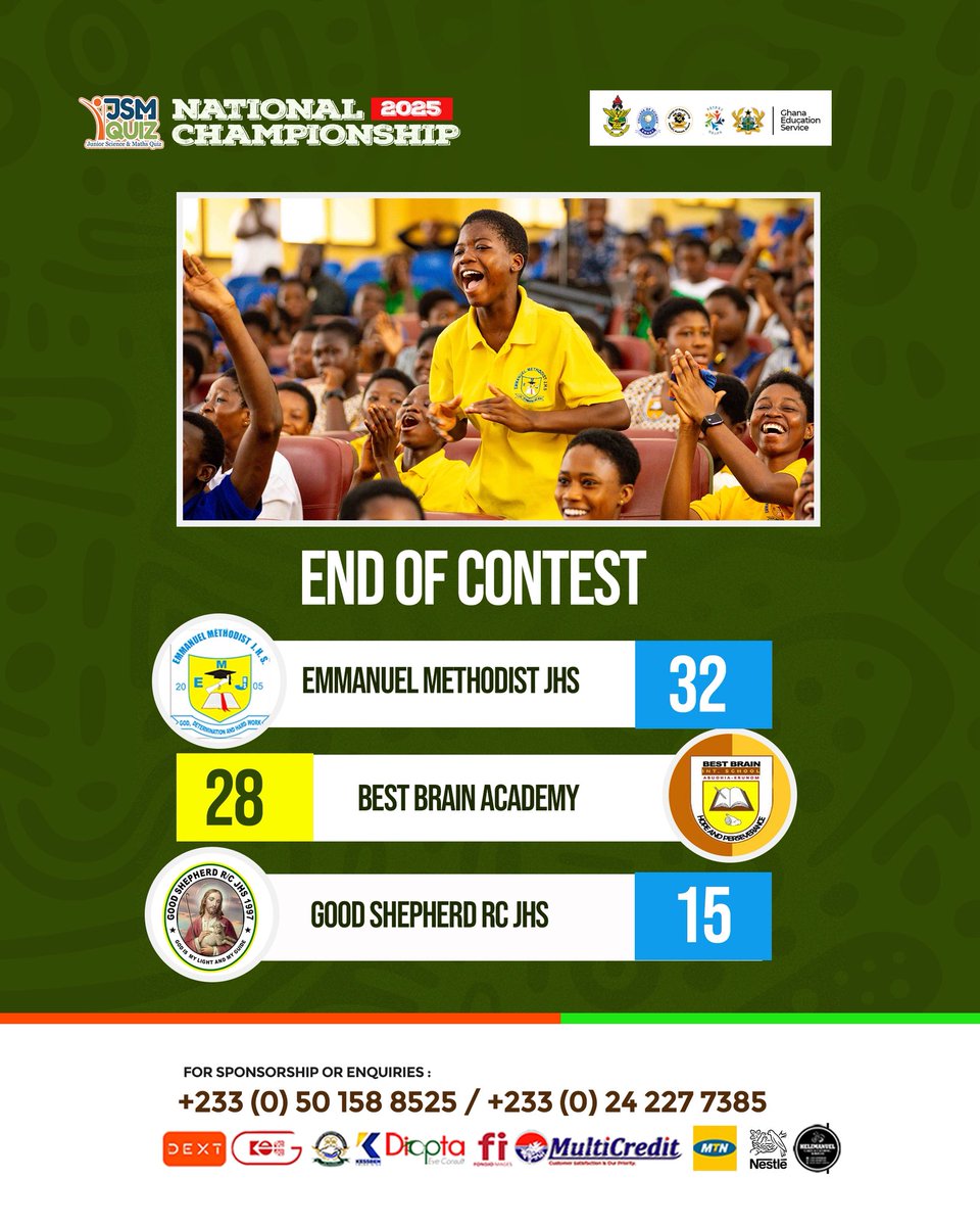 End of Contest.

Emmanuel Methodist JHS are the champions of the 2025 JSMQ!

#JSMQNationals #JSMQFinal #JSMQ2025