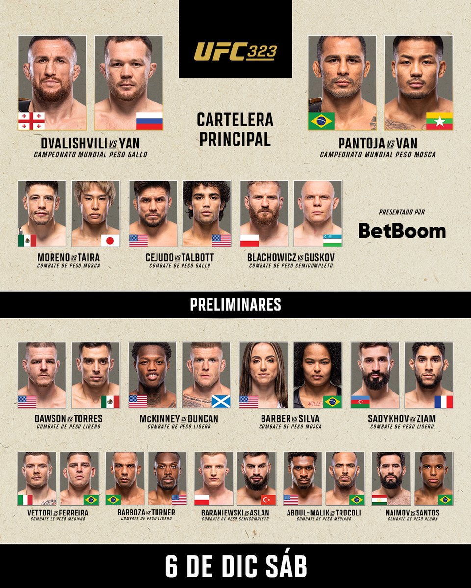 UFCEspanol's tweet image. Llegó el día! Dos títulos en juego en #UFC323 🤩

Presentado por @betboommex

ESTELARES 10pm ET 🇺🇸 / 9pm 🇲🇽 / 12am 🇦🇷 / 4am 🇪🇸⁣
PRELIMINARES 8pm ET 🇺🇸 / 7pm 🇲🇽 / 10pm 🇦🇷 / 2am 🇪🇸⁣
PRIMERAS PRELIMS 6pm ET 🇺🇸 / 5pm 🇲🇽 / 8pm 🇦🇷 / 12am 🇪🇸