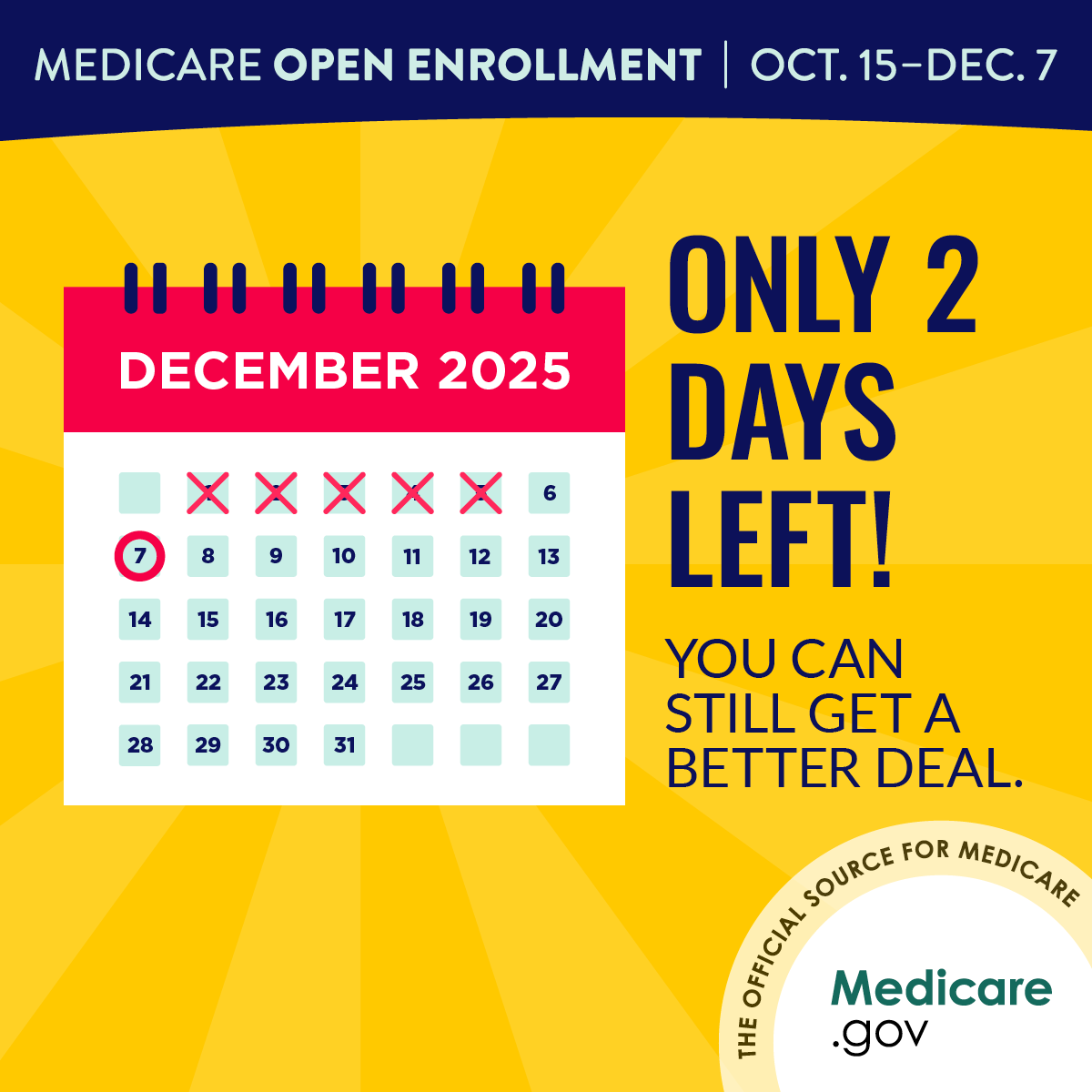Time is running out to find your best Medicare coverage for 2026! #MedicareOE ends Dec. 7. Don’t wait to find out if you can save money, find better coverage, or both. Medicare.gov/plan-compare

#Medicare #OpenEnrollment #SHIP #MDOA