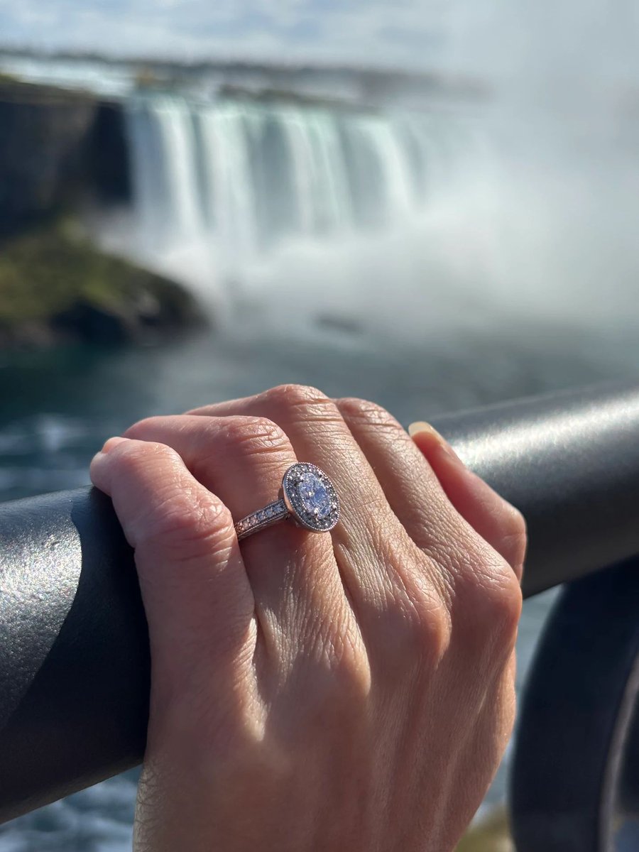 Beautiful ring, beautiful place for Jim S's proposal at Niagara Falls! ❤️  In frame: Azalea Halo Engagement Ring with Oval Diamond, image size:900x1200