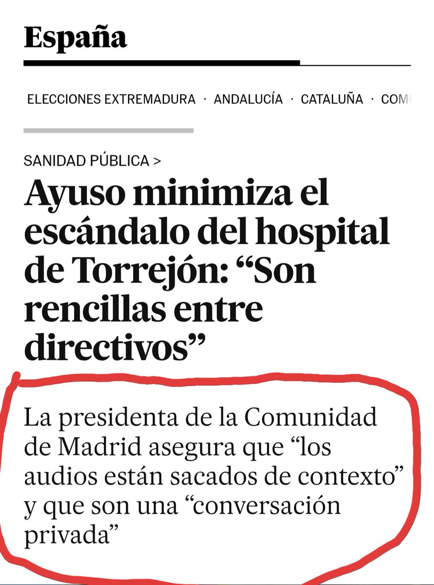 Comparen lo que ha dicho el CEO de Ribera Salud y la presidenta de la Comunidad de Madrid en las últimas horas.

No es casualidad que Ayuso use los mismos argumentos, es de facto la portavoz de la empresa de la sanidad privada porque el ático no se paga solo 👇