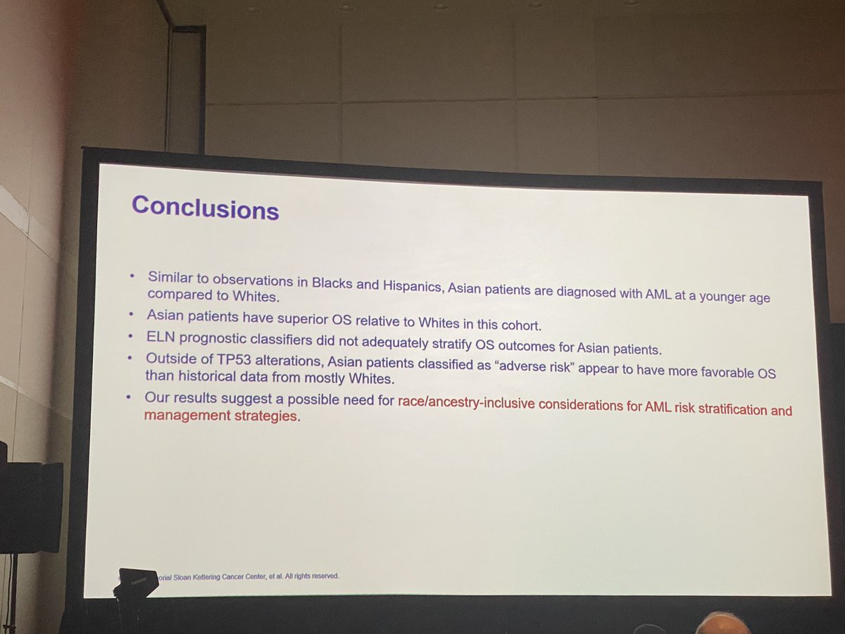 Dr Wang from MSK and previous fellow at Penn presenting a very interesting analysis of differences in outcomes of Asian patients with AML 
#ASHKudos #ASH25 <a href="/XinWangMD/">Xin Wang</a>