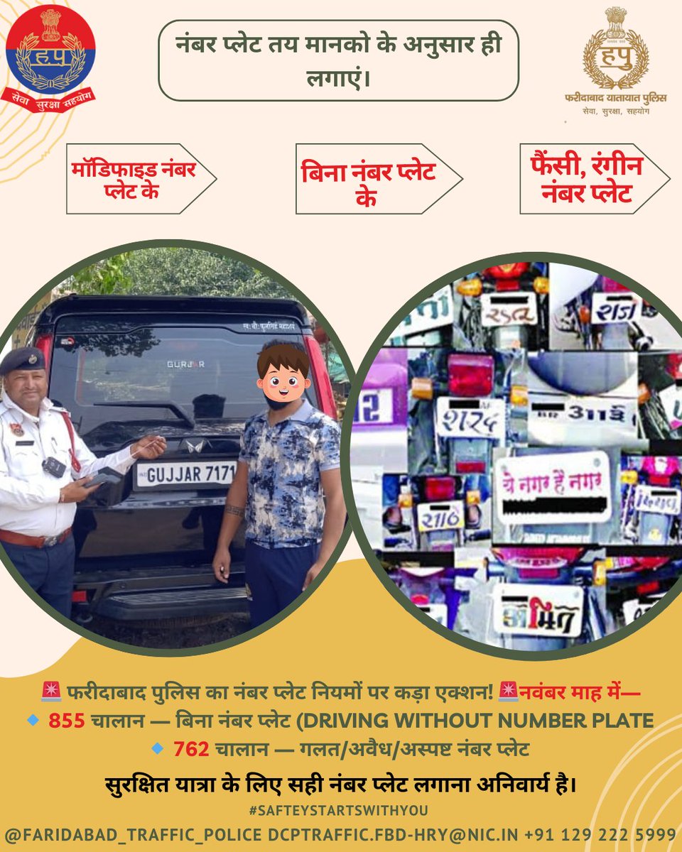 सड़क सुरक्षा सुनिश्चित करने और वाहन पहचान व्यवस्था को मजबूत बनाने के लिए HSRP  लगवाना हर वाहन चालक के लिए अनिवार्य है।
नवंबर माह में फरीदाबाद  पुलिस द्वारा—
• 855 चालान: बिना नंबर प्लेट
• 762 चालान: गलत/अस्पष्ट/non-standard 
Follow the rules – Drive responsibly! 🚘
<a href="/FBDPolice/">People’s Police - Faridabad Police</a>