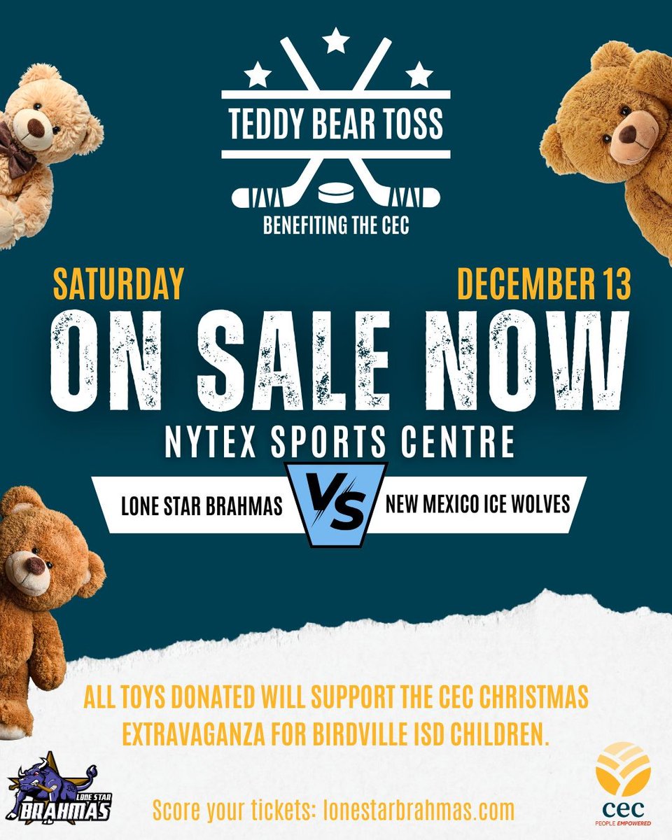 Join us Saturday, Dec. 13 at the Lone Star Brahmas game for the Teddy Bear Toss! All stuffed animals collected will support the CEC Christmas Extravaganza, benefiting children in Birdville ISD this holiday.
Tickets: loom.ly/b3ugzZ4
#LoneStarBrahmas #CECHope