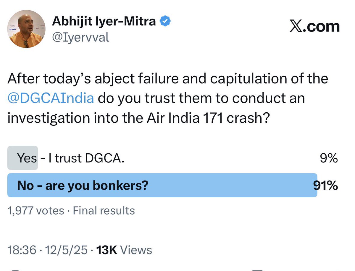 Hello <a href="/FAANews/">The FAA ✈️</a> - please note far from being “professionally excellent” and “can do what you do” - our aviation administration <a href="/DGCAIndia/">DGCA</a> are crooked corrupt dunces. They will most probably corrupt and corrode the AI 171 investigation. 91% of respondents believe so.