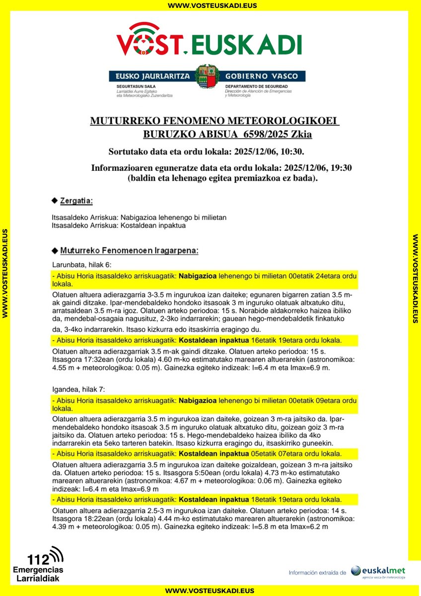 🟡 Aviso amarillo 🟡 Sábado 6 y domingo 7, en la navegación e impacto en costa

🟡 Abisu horia 🟡 larunbata 6 eta igandea 7, nabigazioan eta kostaldeko inpaktua

#avisoamarillo #navegacion #impactoencosta #vosteuskadi