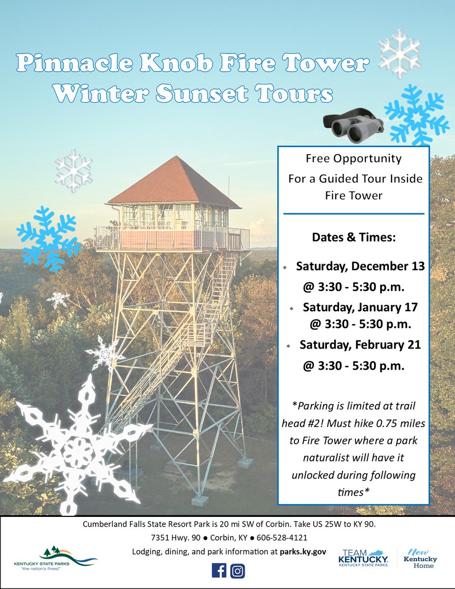 KYStateParks's tweet image. 🌅 ❄️ Winter Sunset Fire Tower Tours are coming up at Cumberland Falls State Resort Park! 

Enjoy a FREE tour of the Pinnacle Knob Fire Tower and take in breathtaking bird’s-eye views of the Cumberland Plateau. 

📅 Details: bit.ly/49VYVE9

#kystateparks #newkyhome