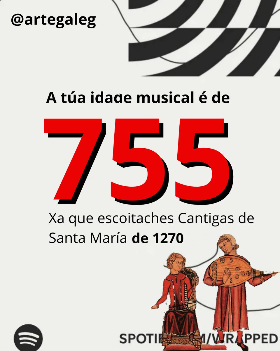 ArteGaleg's tweet photo. Xa saiu o noso #Spotifywrapped #Artegalega

As Cantigas de Santa María son unha das coleccións máis importantes de cancións da Idade Media , escritas durante o reinado de Afonso X o Sabio.

Son un conxunto de 427 composicións escritas en galaico-portugués na honra da Virxe María. https://t.co/aQbeH1BWNW
