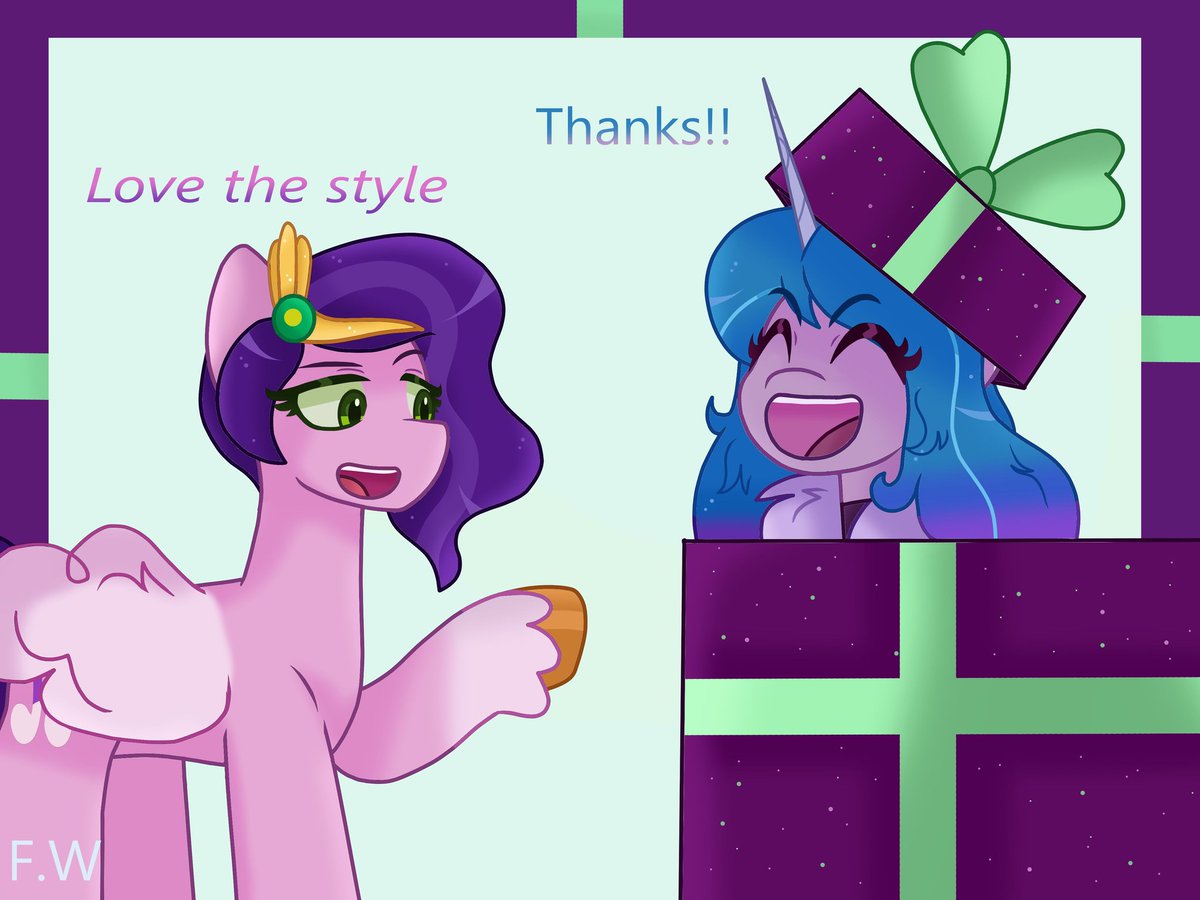 The Spirit of gift giving💙💜
#mlp #mylittlepony #mlpg5 #pipppetals #izzymoonbow #gift #pony