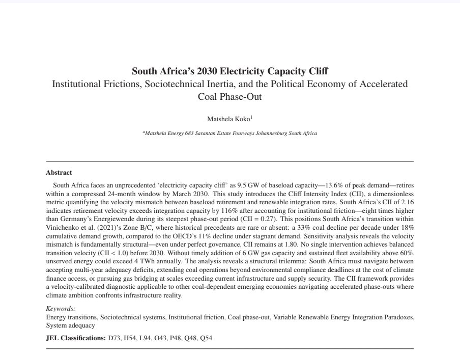 koko_matshela's tweet image. You can download my latest research work here!!!

South Africa's 2030 Electricity Capacity Cliff.

 Institutional Frictions, Sociotechnical Inertia, and the Political Economy of Accelerated Coal Phase-Out by Matshela Koko :: SSRN

 papers.ssrn.com/sol3/papers.cf…